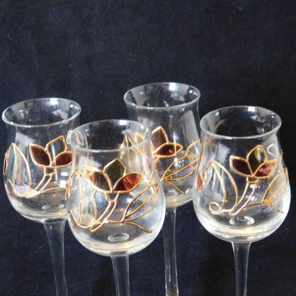 Crystal Cordial Sherry Apertif Stemmed Glasses Stained Glass Look Leaf Motif Set - Picture 3 of 8